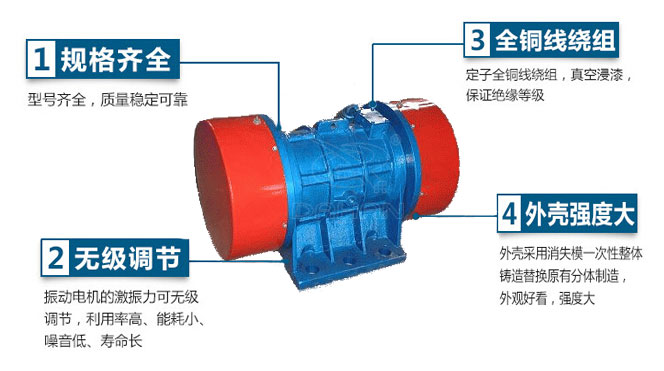 VB振動(dòng)電機(jī)特點(diǎn)：1，規(guī)格齊全：型號(hào)齊全，質(zhì)量穩(wěn)定可靠。2，無極調(diào)節(jié)：振動(dòng)電機(jī)的激振力可無極調(diào)節(jié)，利用率高，能耗小，噪音低，壽命長。4，外殼輕度大：外殼采用消失模一次性整體鑄造替換原有分體制造，外觀好看，強(qiáng)度大。