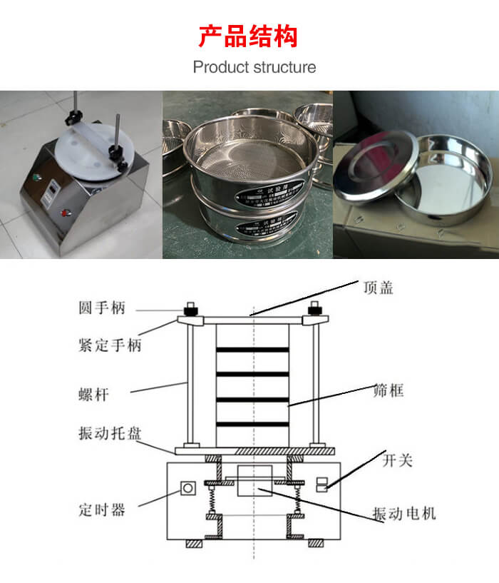 實驗室振動篩-試驗篩結構主要由：圓手柄，緊定手柄，螺桿，振動托盤，篩框，頂蓋等。